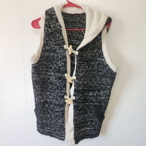 Rock & Roll Cowgirl Sherpa Lined Hooded Sweater Vest Black White L Western Texas